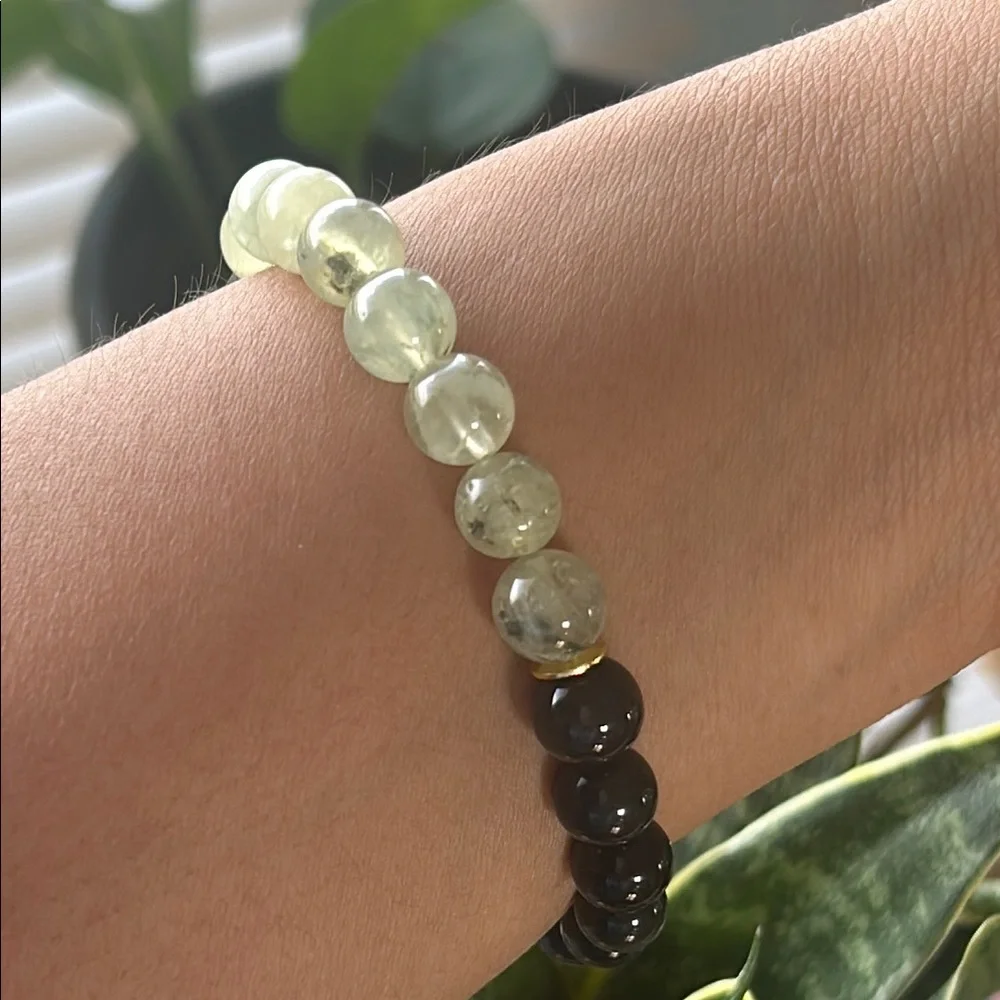 Handmade Prehnite + Black Obsidian Beaded Bracelet ✨